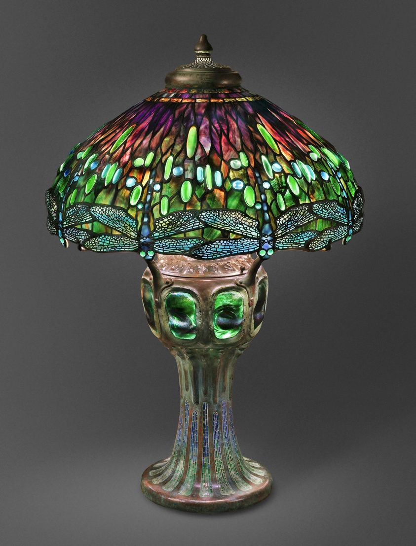 Tiffany Studios leaded glass lamp with a dragonfly shade