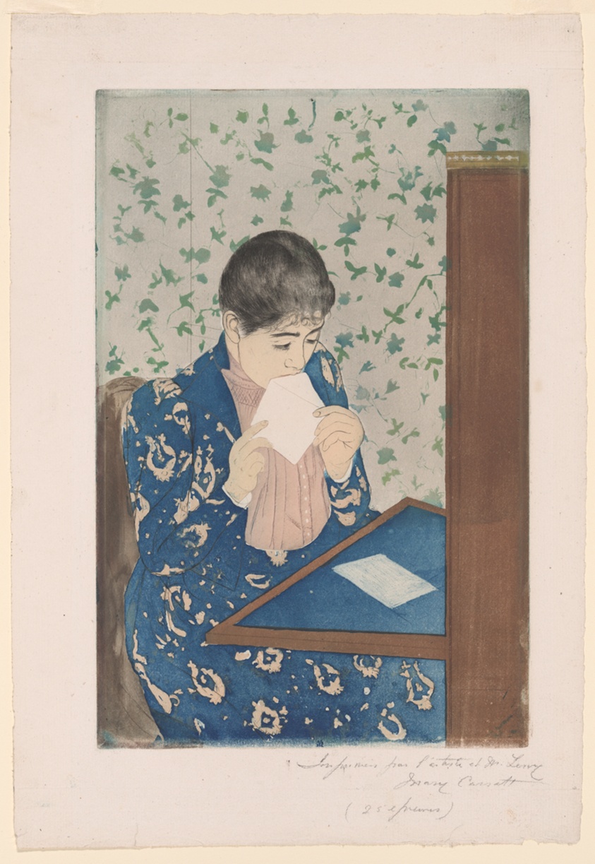 Mary Cassatt print of a woman sealing a letter at a writing desk