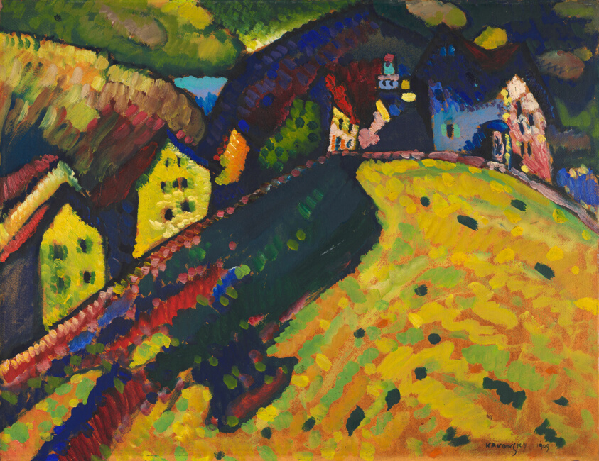Kandinsky painting of brightly colored houses in a village