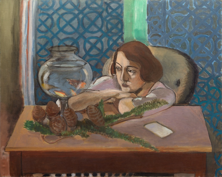 Matisse painting of a woman resting her head on her hand, gazing at a goldfish bowl